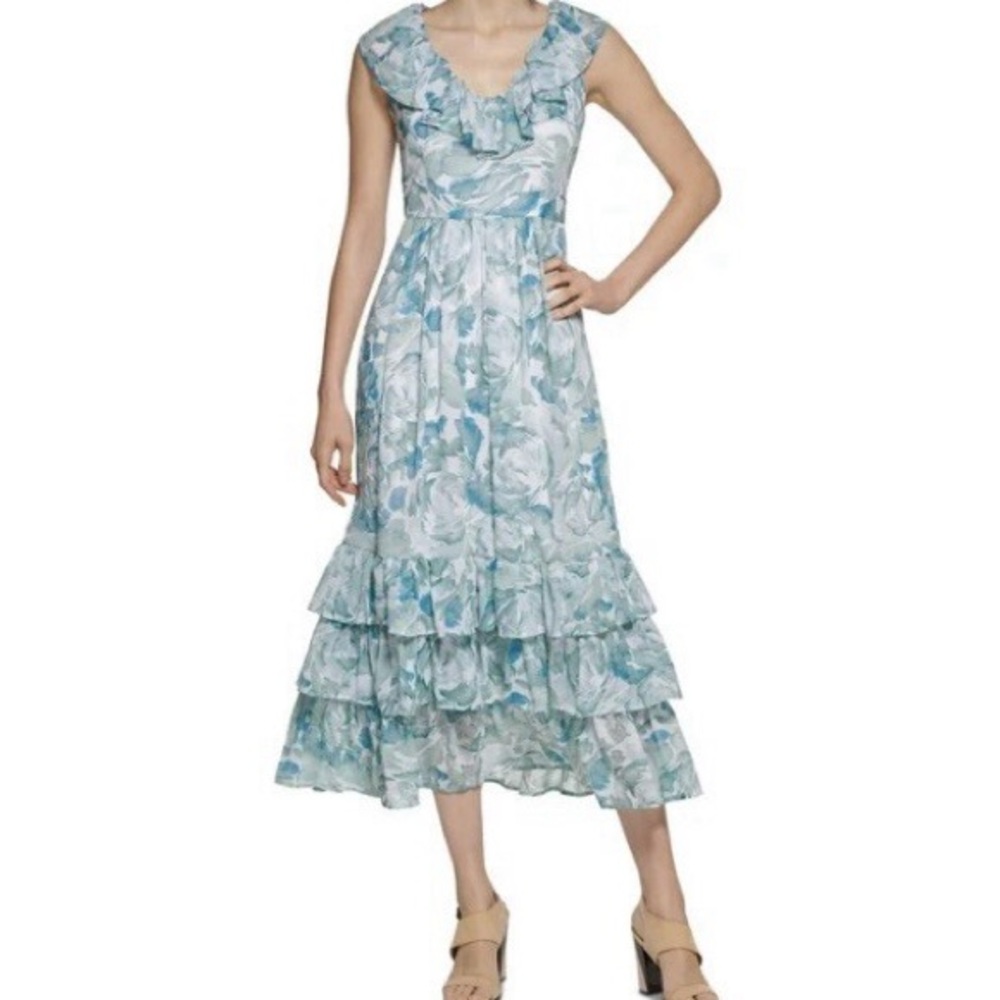 Calvin Klein Green Tiered Floral Lined Maxi Dress